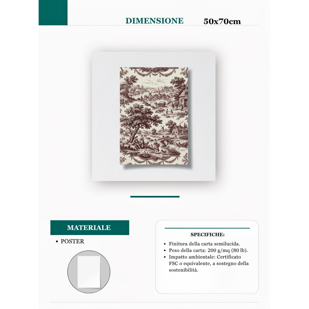 Stampa Pastorale Toile de Jouy: Campagna Francese in Bordeaux 50x70 cm POSTER