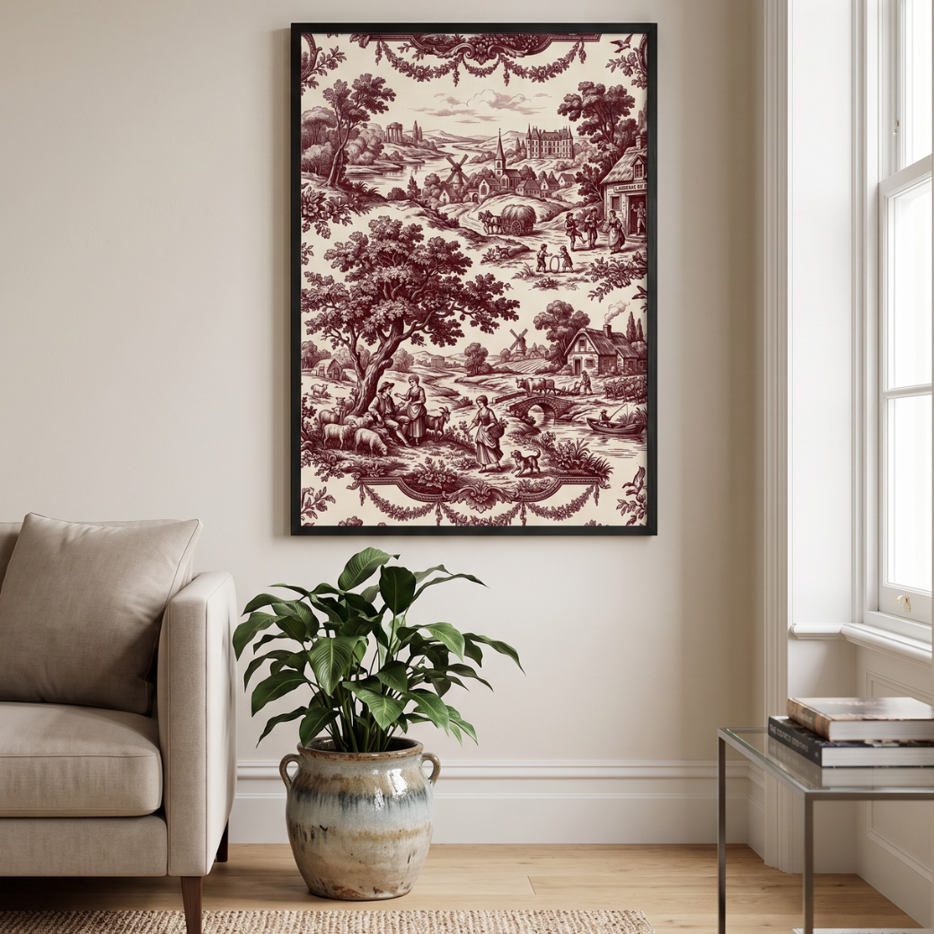 Stampa Pastorale Toile de Jouy: Campagna Francese in Bordeaux 50x70 cm TELA INCORNICIATA