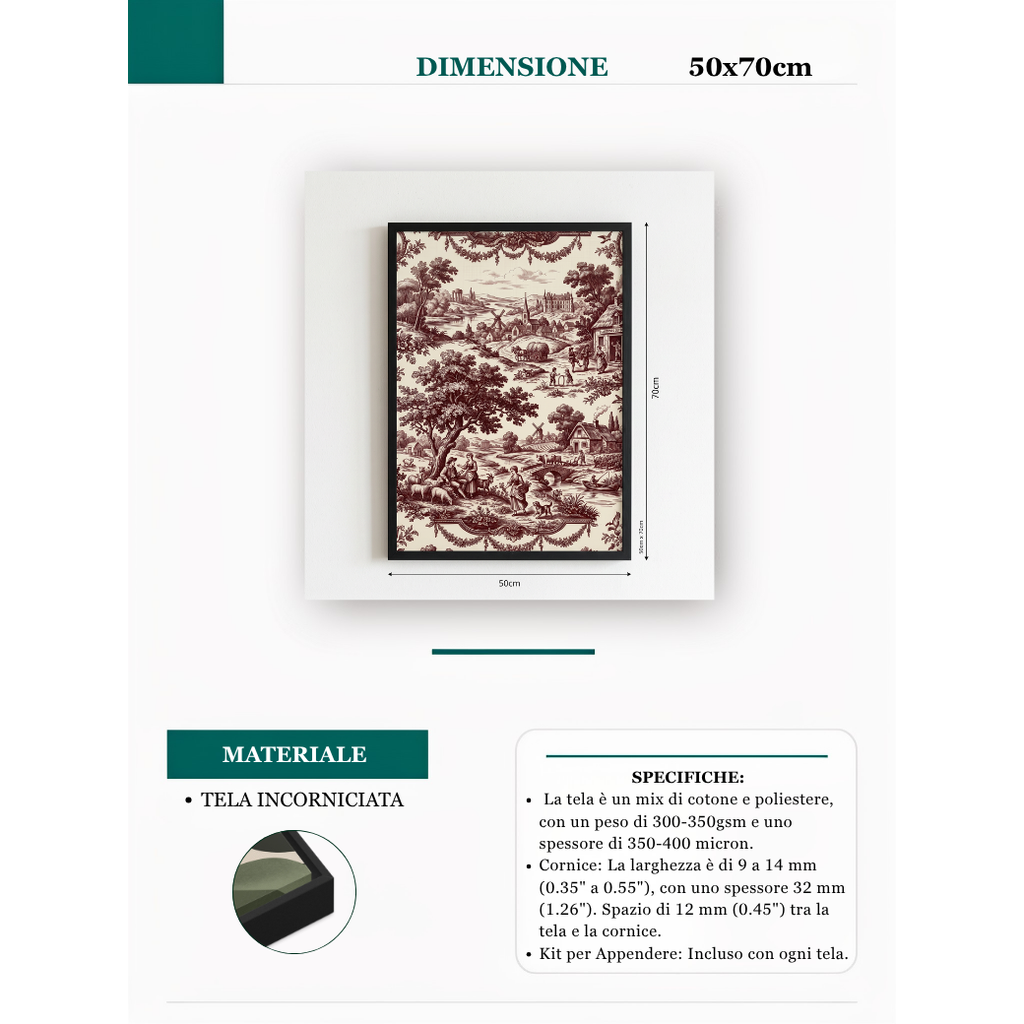 Stampa Pastorale Toile de Jouy: Campagna Francese in Bordeaux 50x70 cm TELA INCORNICIATA